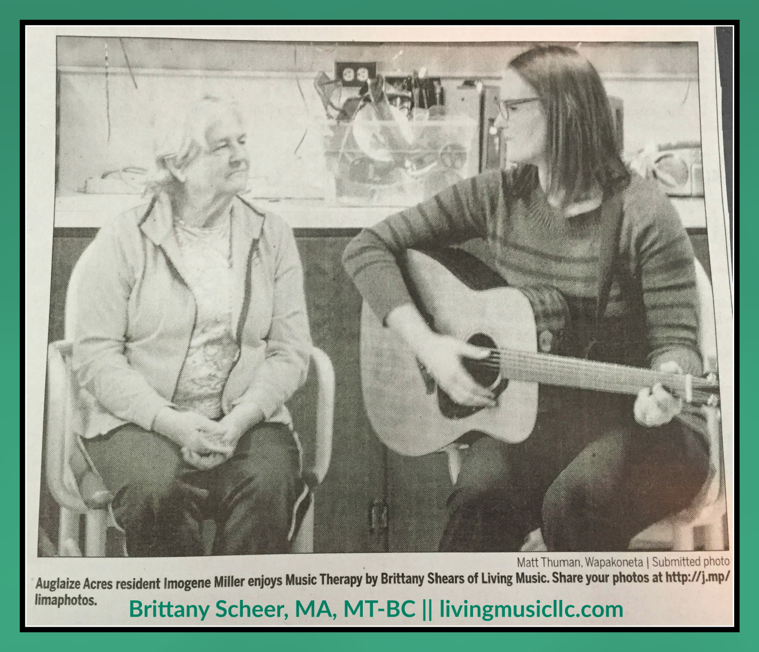 A black and white physical newsletter clip featuring Brittany Scheer of Living Music along with an Auglaize Acres resident.