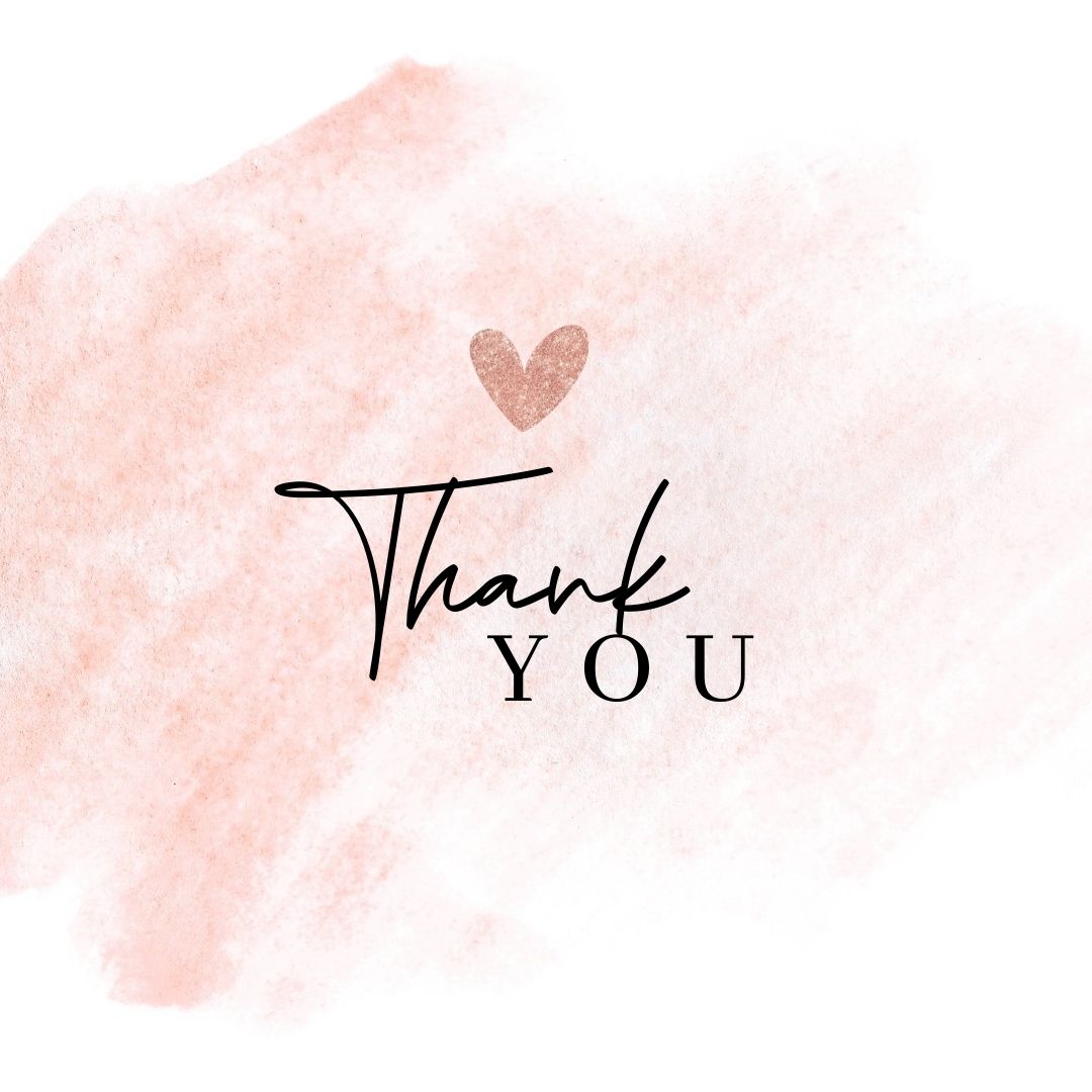 A light peach watercolor heart and the words "Thank you."